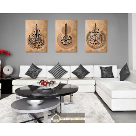 Tableau Triptyque Calligraphie Islam : Chahada, Ayet el Kursi, Allahou Samad